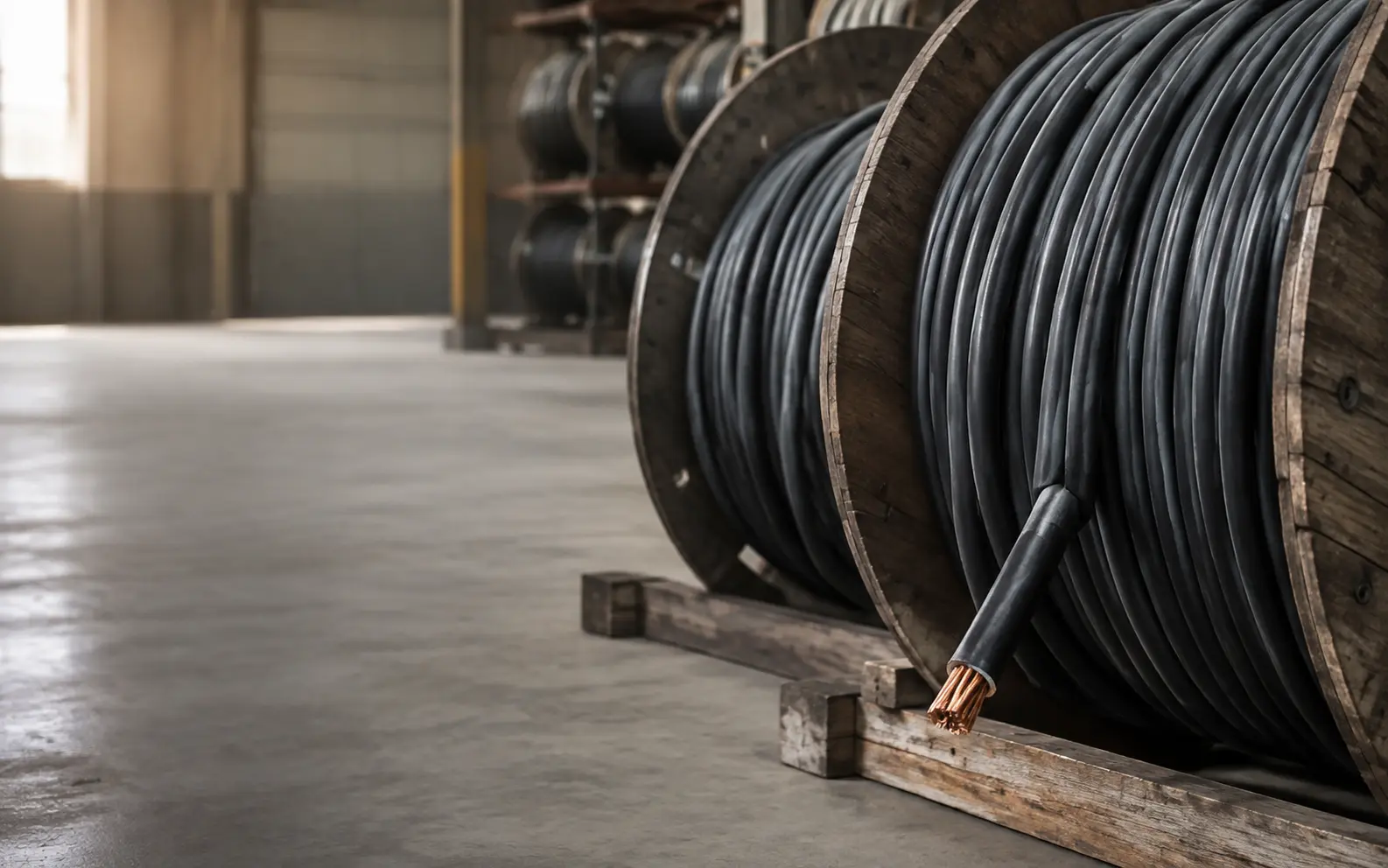 Bobinas de cable eléctrico industrial preparadas para suministro profesional